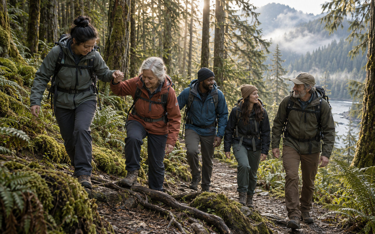 A community hiking group on a forest trail