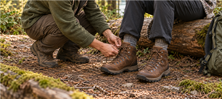 A hiking boot being fitted at a trailhead