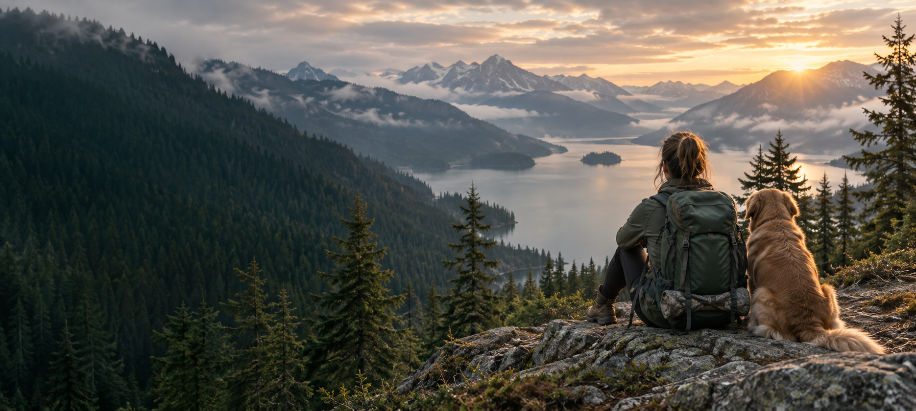 Mountain lake at sunrise with a hiker and dog