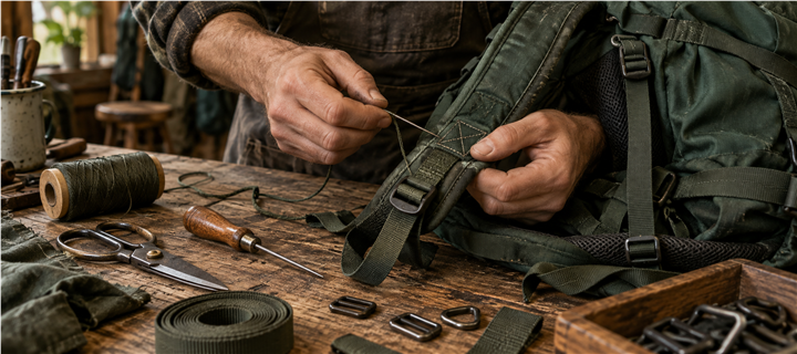 A backpack strap being repaired by hand